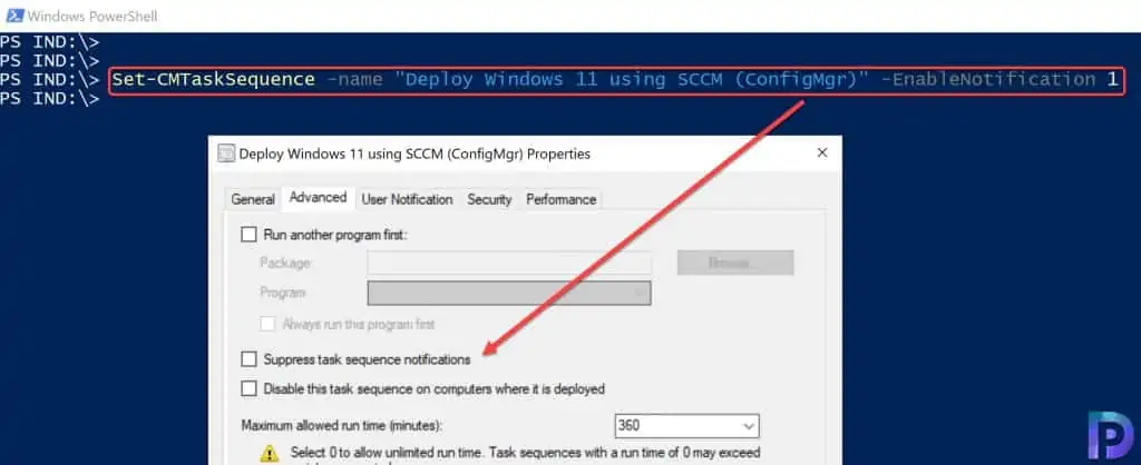 Disable Suppress Task Sequence notifications using PowerShell