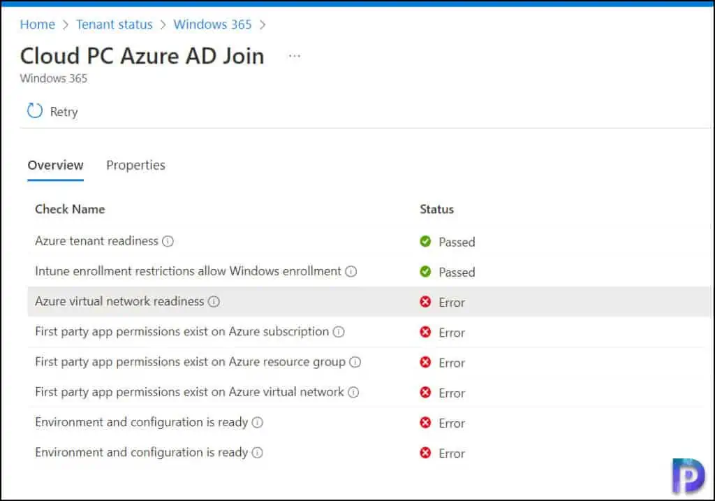 Cloud PC Azure Network Connection Health Checks Errors