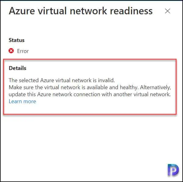 Azure Virtual Network Readiness Error