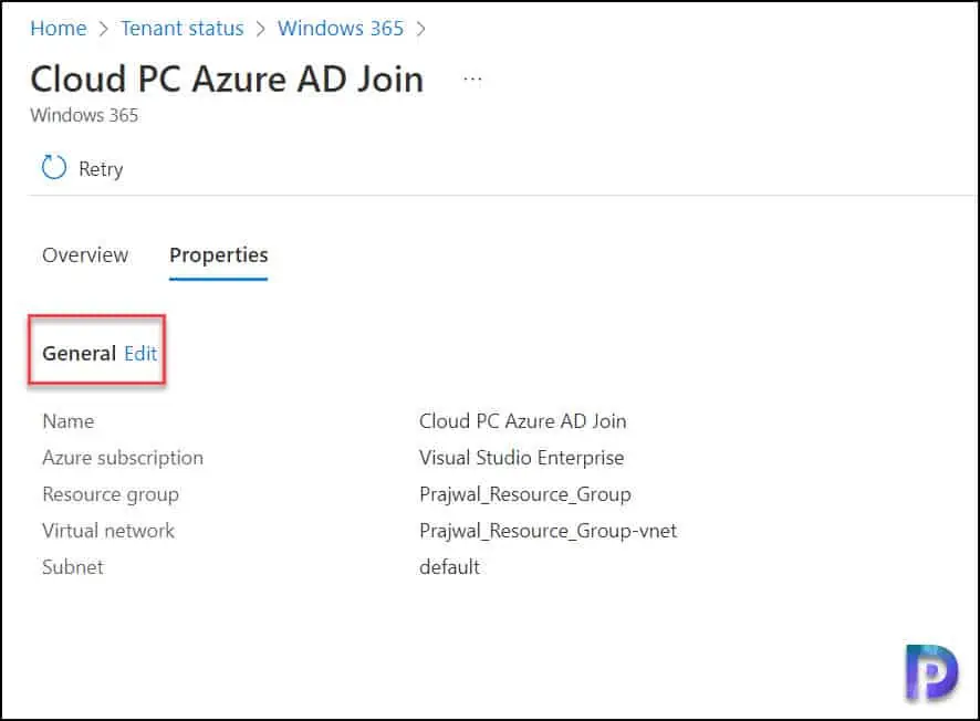 Edit the Azure Network Connection