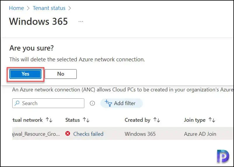 Delete the Azure network connection