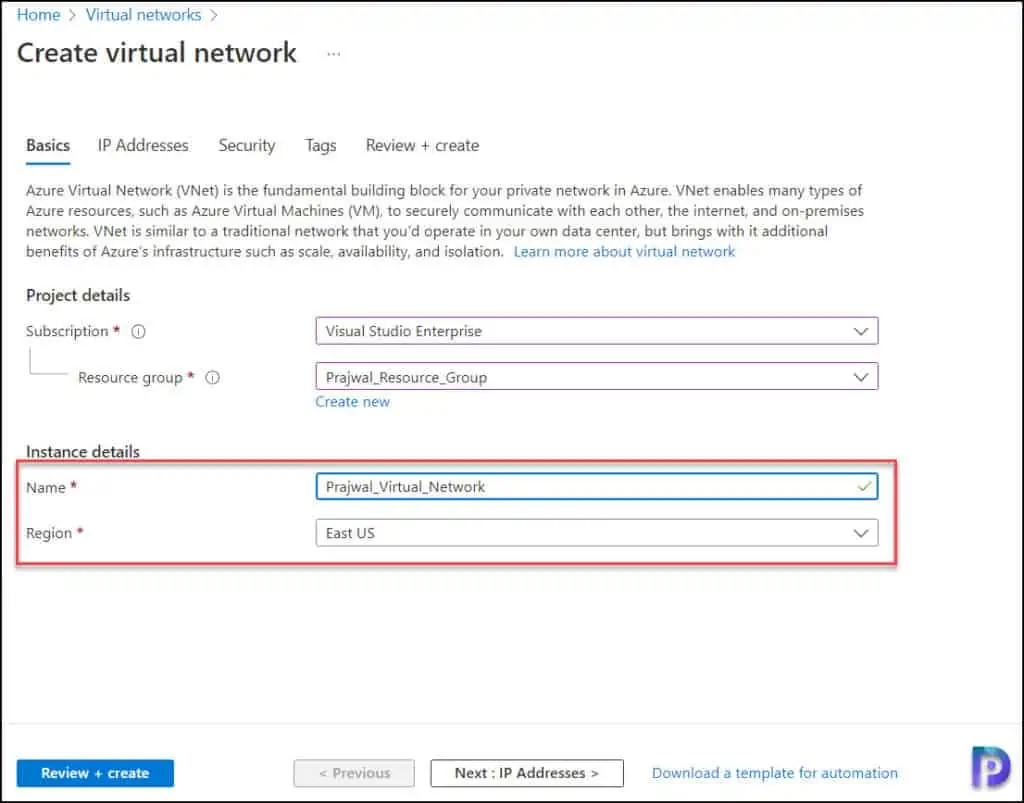 Create an Azure Virtual Network using the Azure Portal