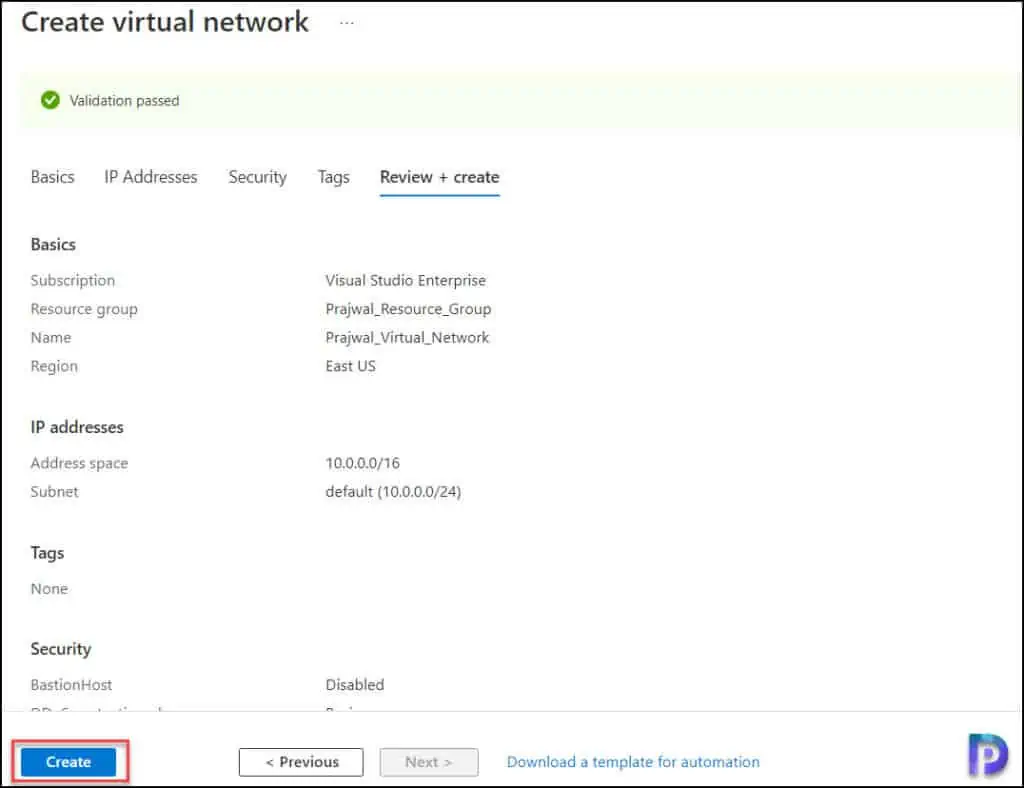 Create an Azure Virtual Network using the Azure Portal