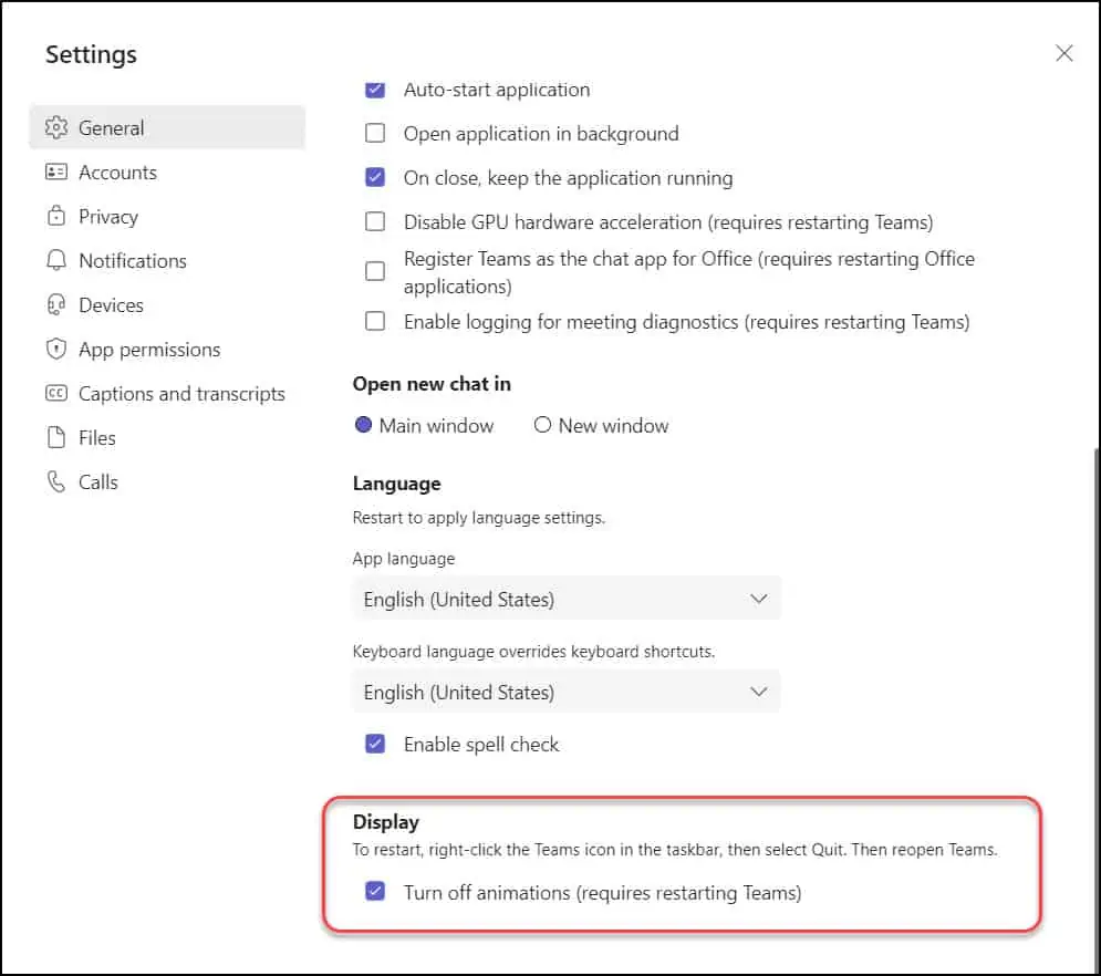 Turn off Animations in Microsoft Teams