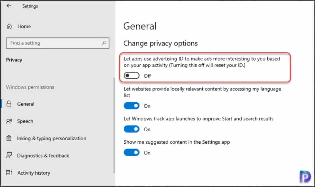 Turn Off or Disable Advertising ID in Windows 10