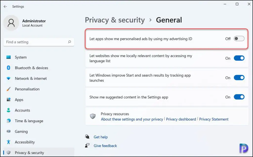 Turn Off or Disable Advertising ID in Windows 11