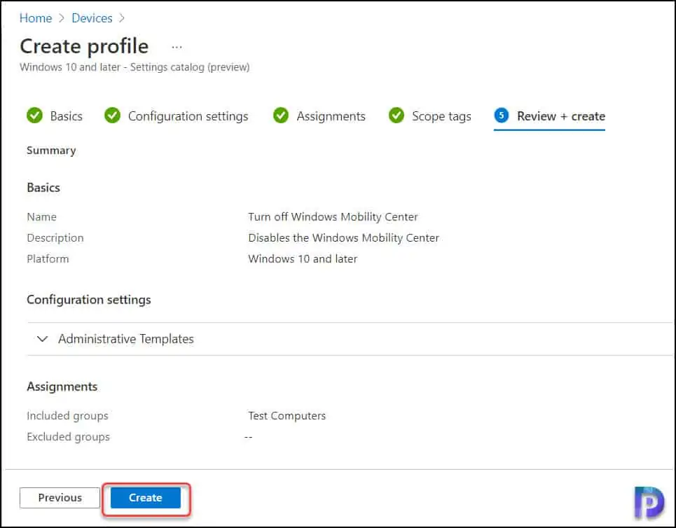 Intune Settings Catalog - Review and Create