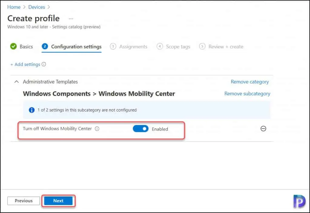 Disable Windows Mobility Center using Intune