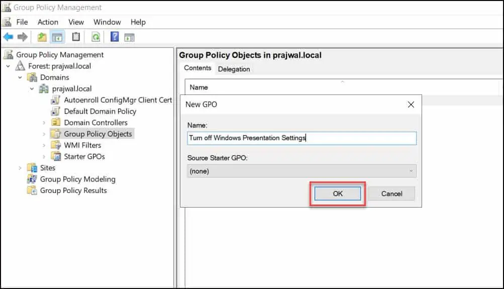 Create a GPO to Turn off Windows Presentation Settings