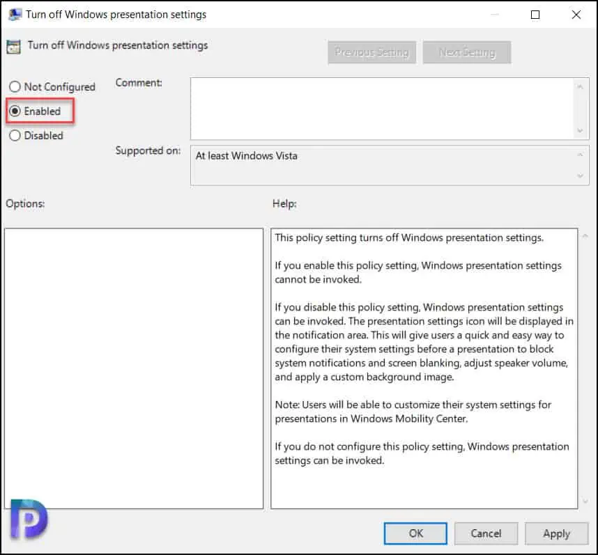 Turn off Windows Presentation Settings using GPO