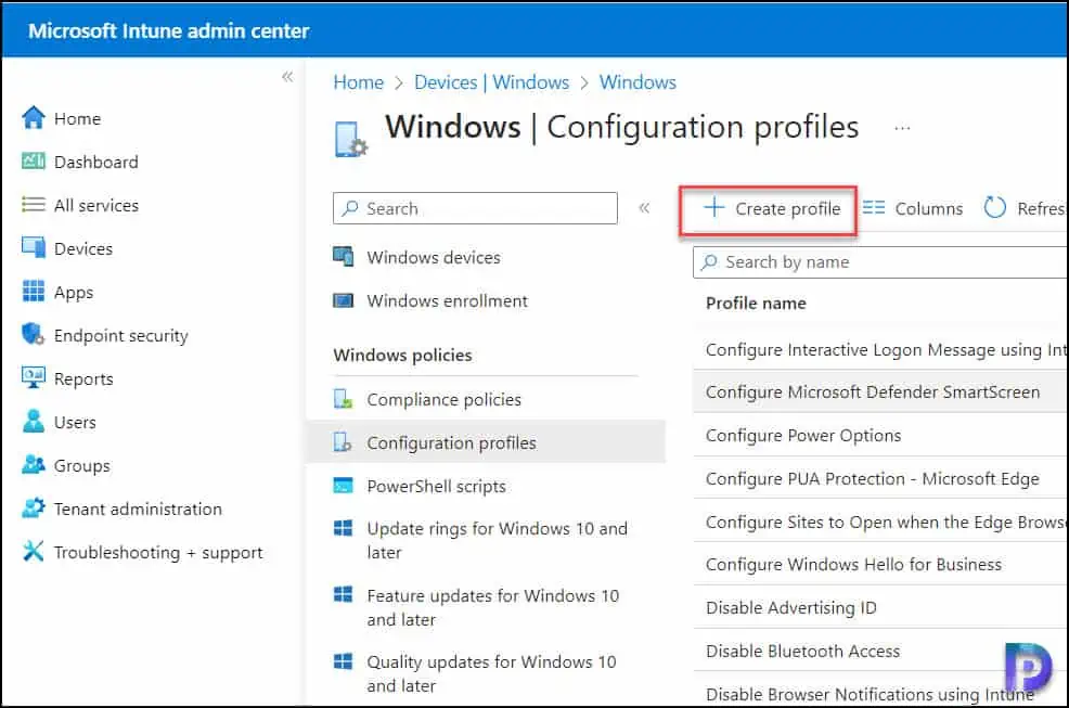 Create a Configuration Profile in Intune to Turn off Windows Presentation Settings