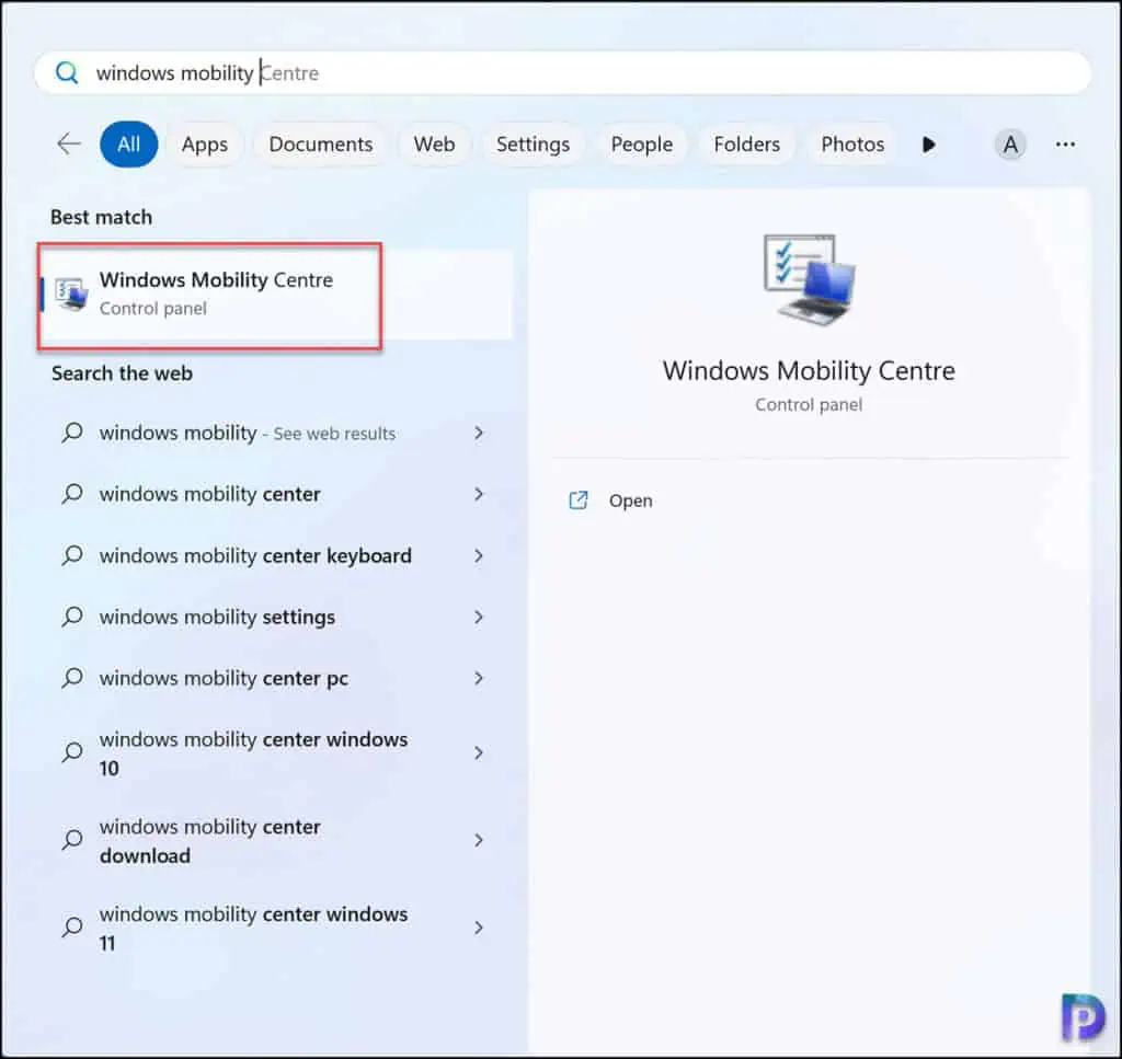 Launch Windows Mobility Centre