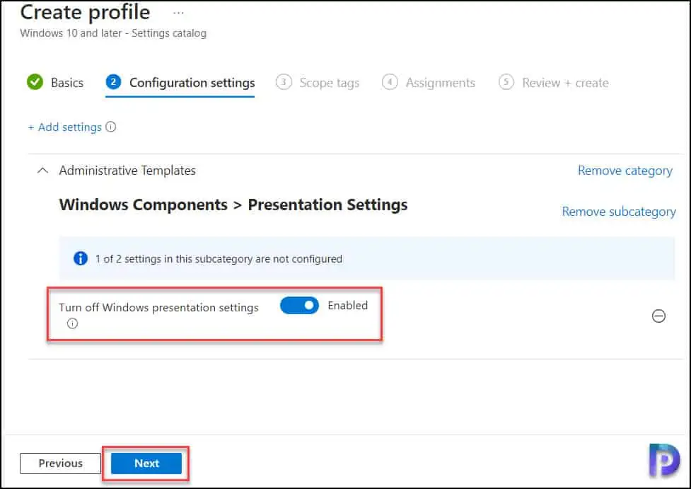 Turn off Windows Presentation Settings using Intune