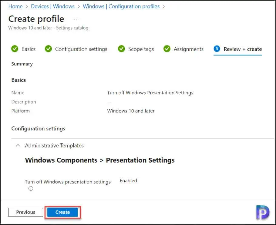 Turn off Windows Presentation Settings using Intune