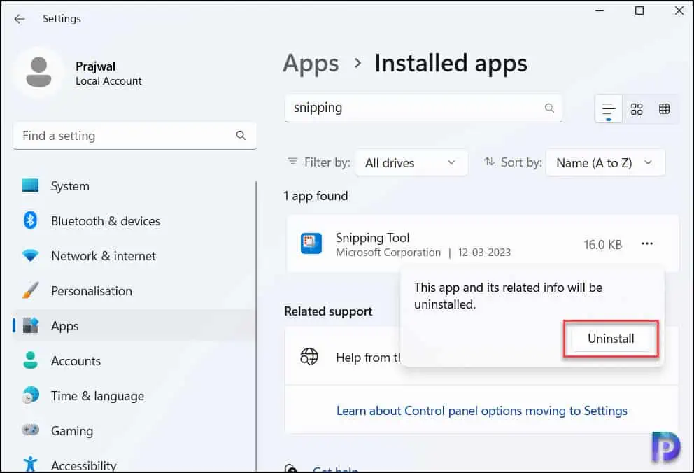 Uninstall Snipping Tool via Windows Apps