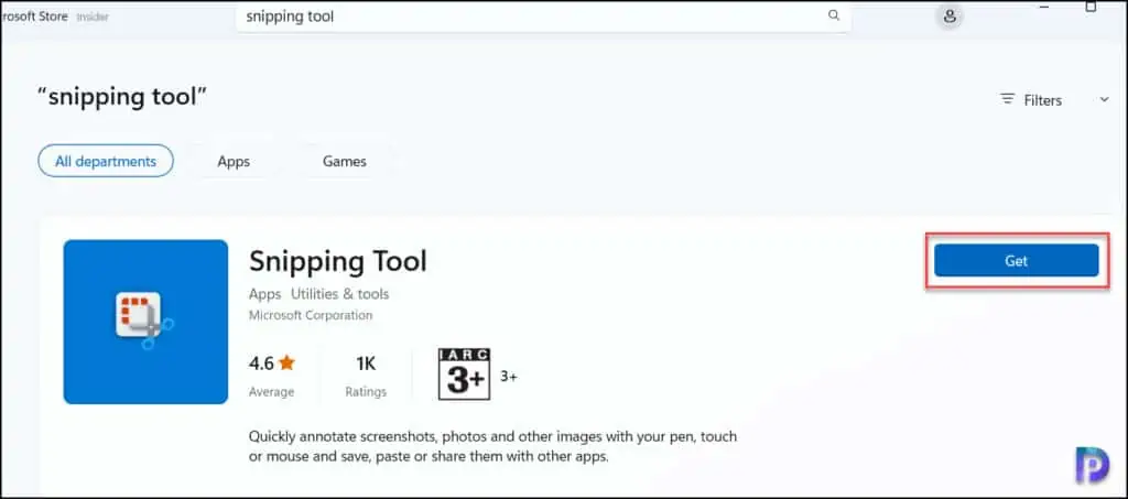 Reinstall Snipping Tool from Microsoft Store