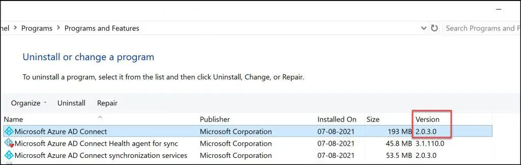 Check Azure AD Connect Version
