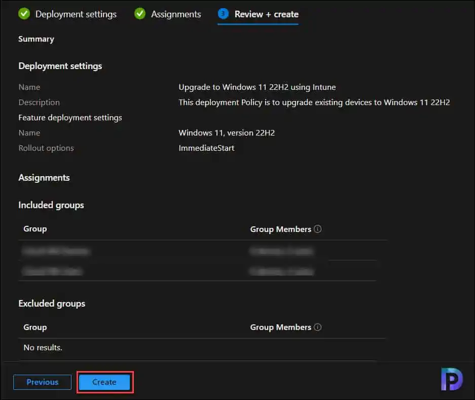 Upgrade to Windows 11 22H2 using Intune | Review and Create