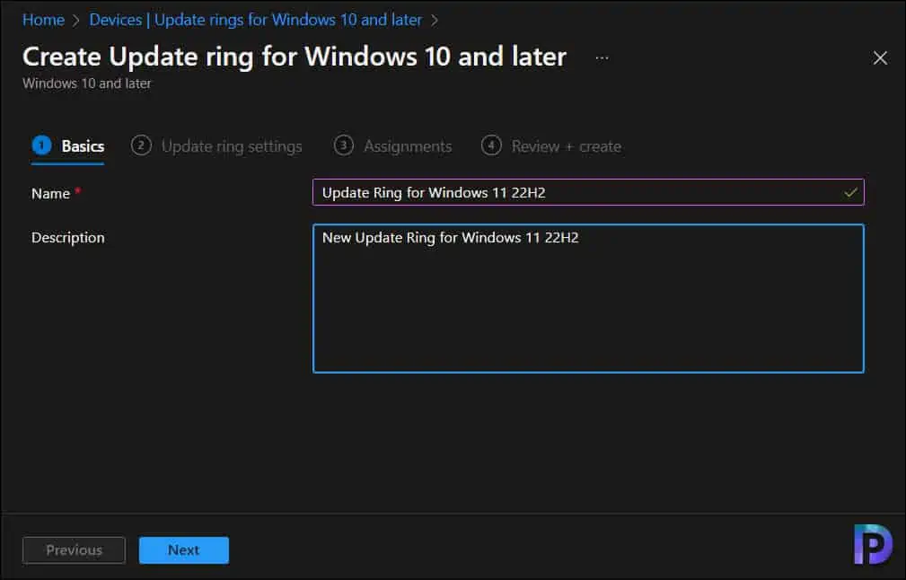 Create Update Ring for Windows 11 22H2 in Intune