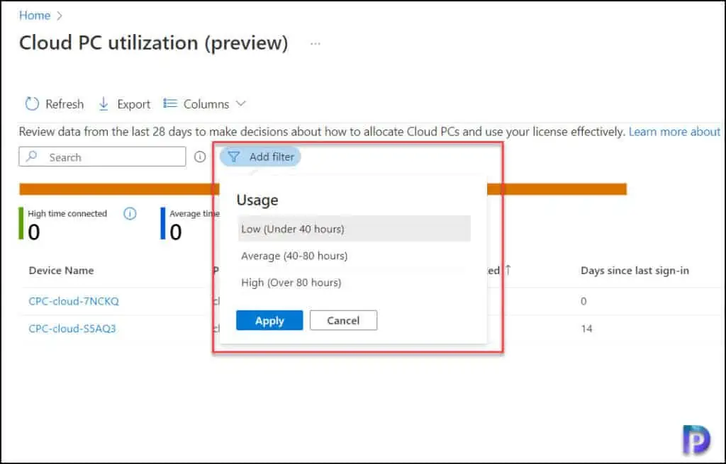 Filter Data in Cloud PC utilization report